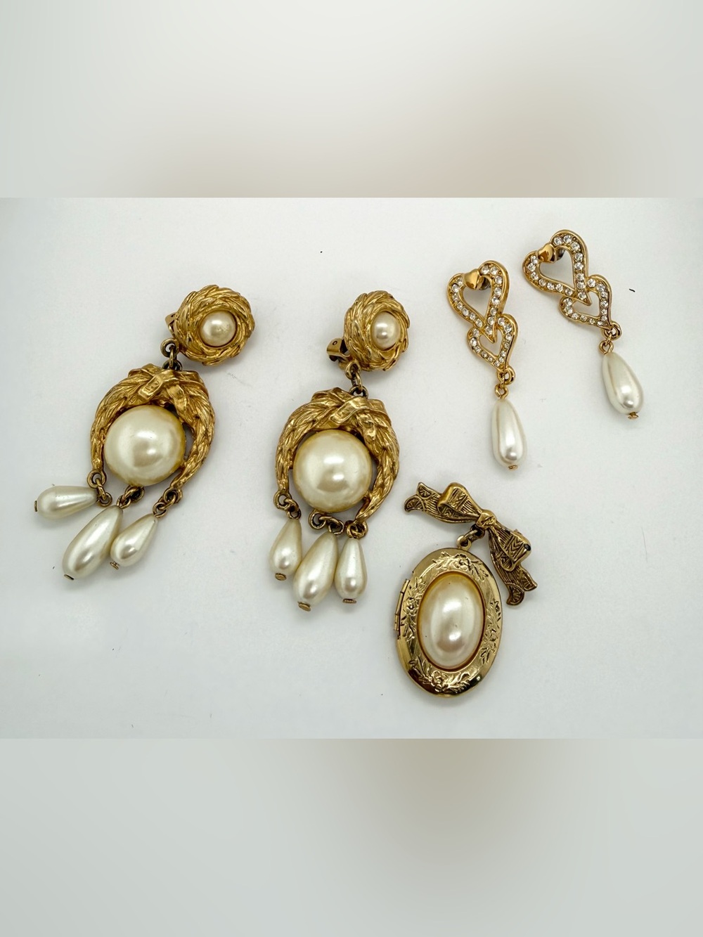 Vintage Style estate lot Gold tone Pearl Drop Earrings & Locket Brooch Pin